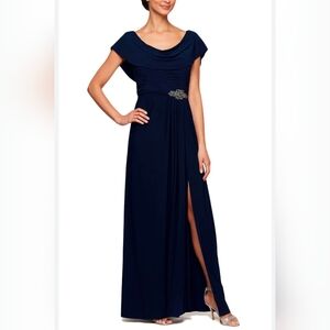 New Alex Evenings Size 10P Long Cowl Neck A-Line Matte Jersey Dress Navy